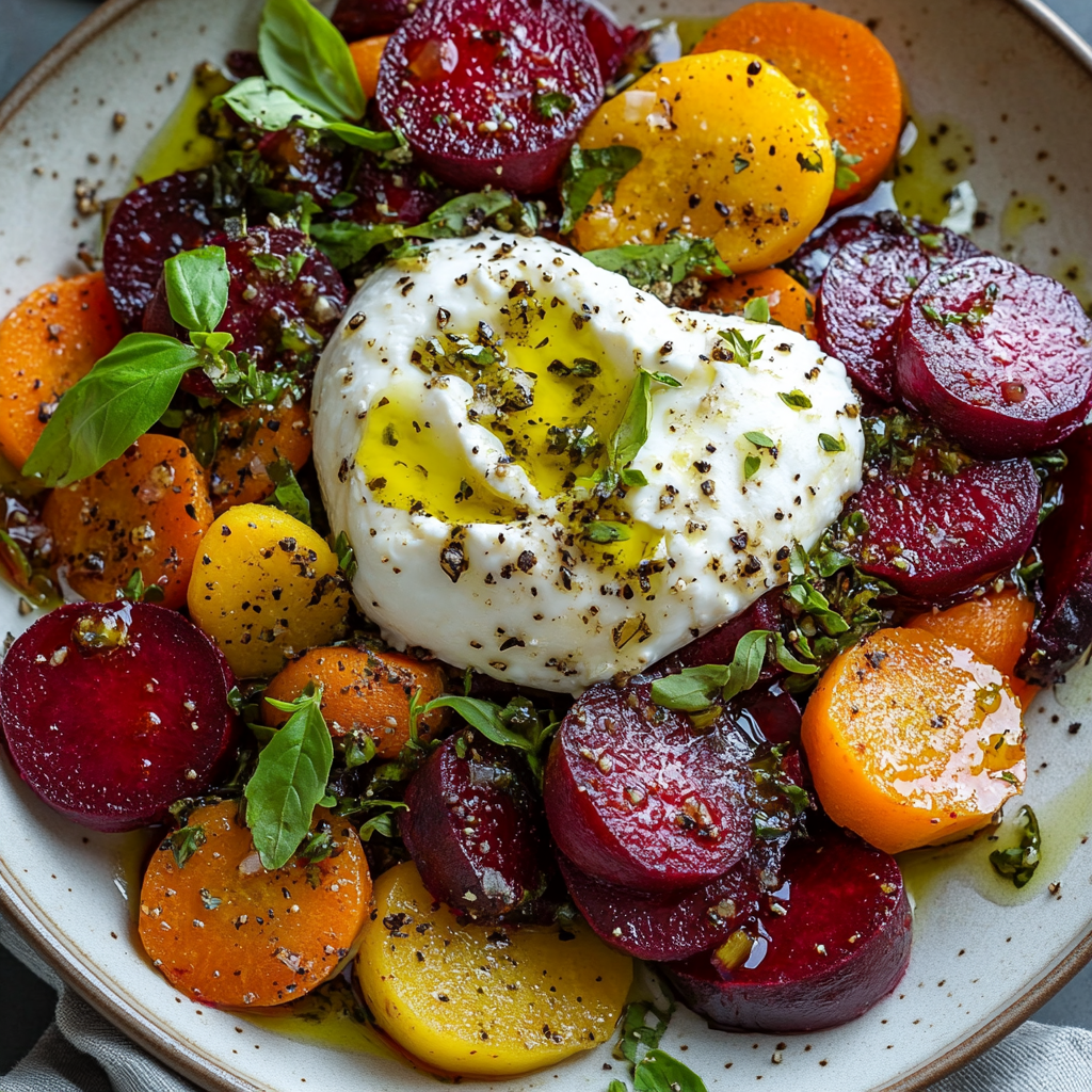 Gebratene Rote Bete und Karotten mit Burrata – Das Beste Rezept für Geschmack & Gesundheit 6 Dieses Bild zeigt eine Nahaufnahme von saftig gerösteter Roter Bete und Karotten, garniert mit frischem Thymian und einer großzügigen Portion cremiger Burrata. Perfekt angerichtet für ein vegetarisches Hauptgericht mit mediterranem Flair.