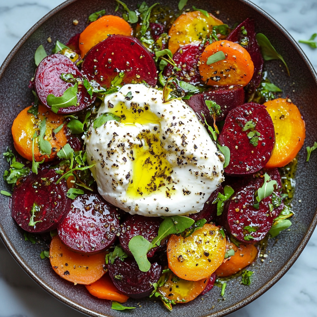 Gebratene Rote Bete und Karotten mit Burrata – Das Beste Rezept für Geschmack & Gesundheit 7 Geröstete Rote Bete und Karotten mit Burrata, Rucola und Olivenöl in schwarzer Schale