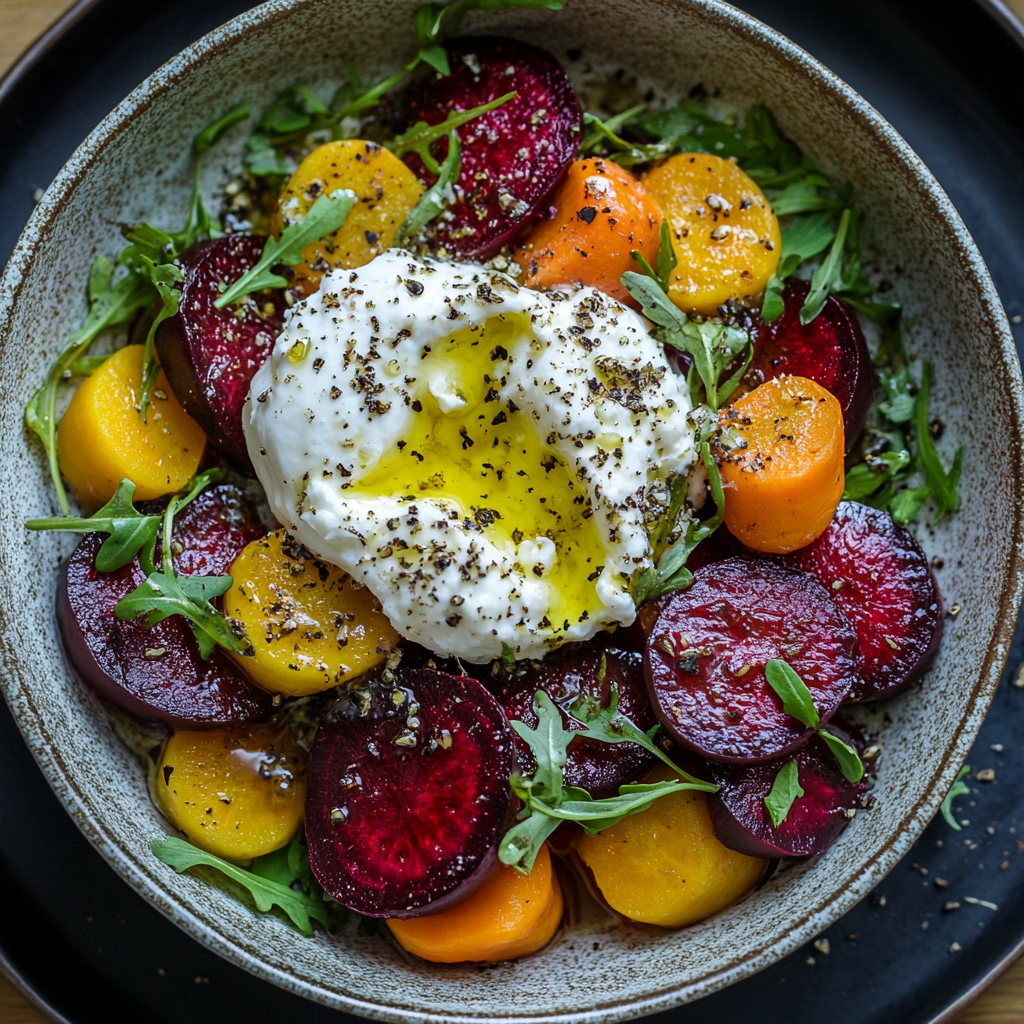 Gebratene Rote Bete und Karotten mit Burrata – Das Beste Rezept für Geschmack & Gesundheit 8 Das Bild präsentiert einen kräftig gewürzten Salat aus gebratenem Wurzelgemüse mit cremiger Burrata, serviert auf dunklem Geschirr. Der Rucola bringt Schärfe und Frische – ein optisches und geschmackliches Highlight.