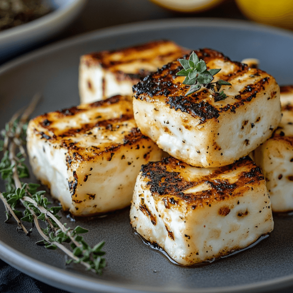 Gegrillte Halloumi-Würfel mit Thymian auf grauem Teller
