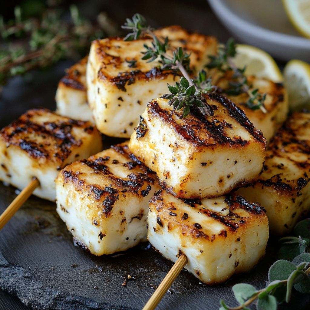 Gegrillte Halloumi-Spieße mit Zitrone und Thymian – Das Beste Sommerrezept für den Grill 6 Gegrillte Halloumi-Spieße mit Zitrone und Thymian auf Schieferplatte
