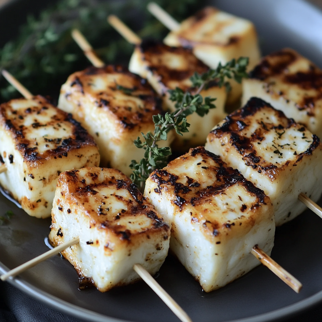 Gegrillte Halloumi-Spieße mit Zitrone und Thymian – Das Beste Sommerrezept für den Grill 7 Halloumi-Spieße mit Kräutern auf Teller angerichtet