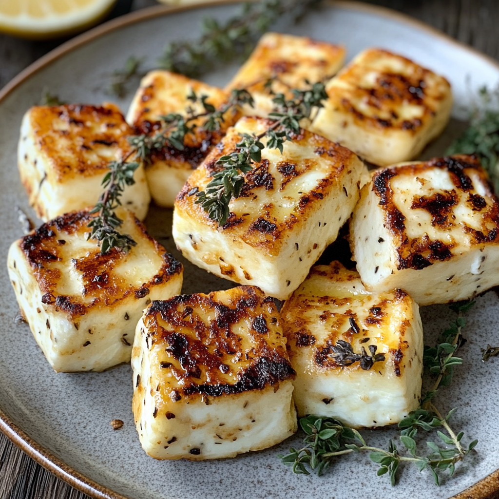 Gegrillte Halloumi-Spieße mit Zitrone und Thymian – Das Beste Sommerrezept für den Grill 8 Gegrillte Halloumi-Käsewürfel mit frischem Thymian auf Keramikteller