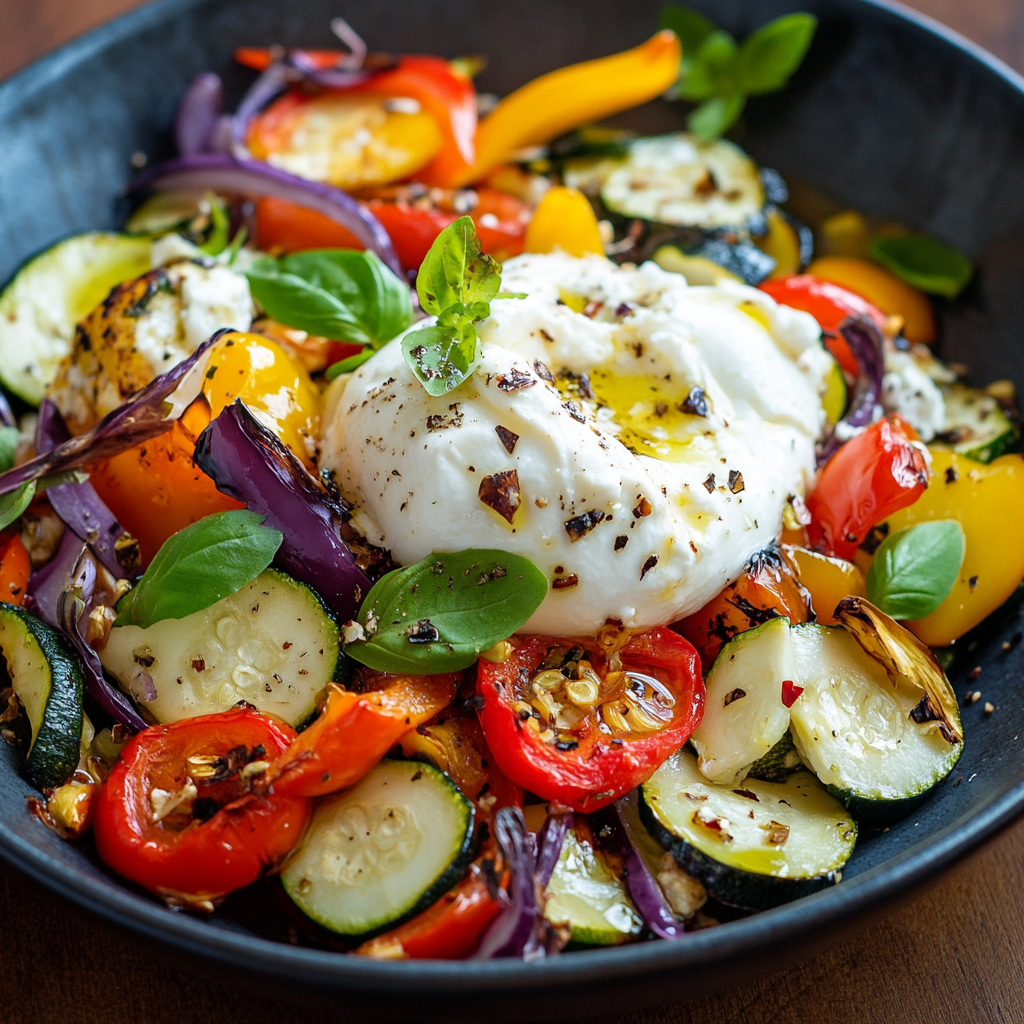 Gerösteter Paprika Salat mit Zucchini und Burrata – Das ultimative Sommerrezept 6 Sommerlicher Antipasti-Salat mit Zucchini, gegrillter Paprika und Burrata