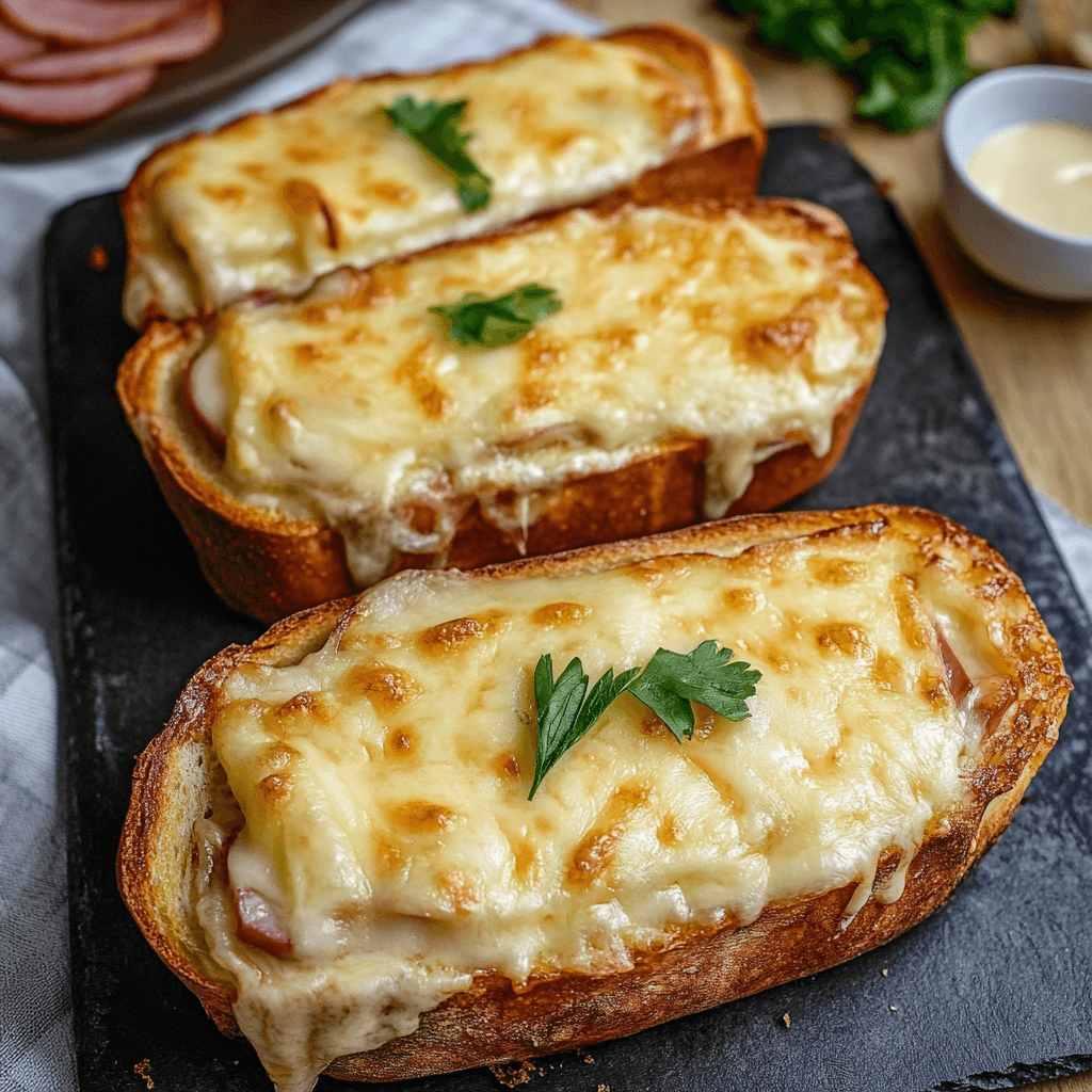 Gratinierter Käse-Toast mit Schinken auf dunklem Servierbrett, garniert mit Petersilie