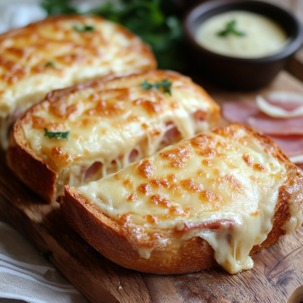 Gratinierter Käse-Toast mit Schinken: Der ultimative hausgemachte Genuss 6 Frisch gebackener Schinken-Käse-Toast mit verlaufenem Käse und knuspriger Kruste