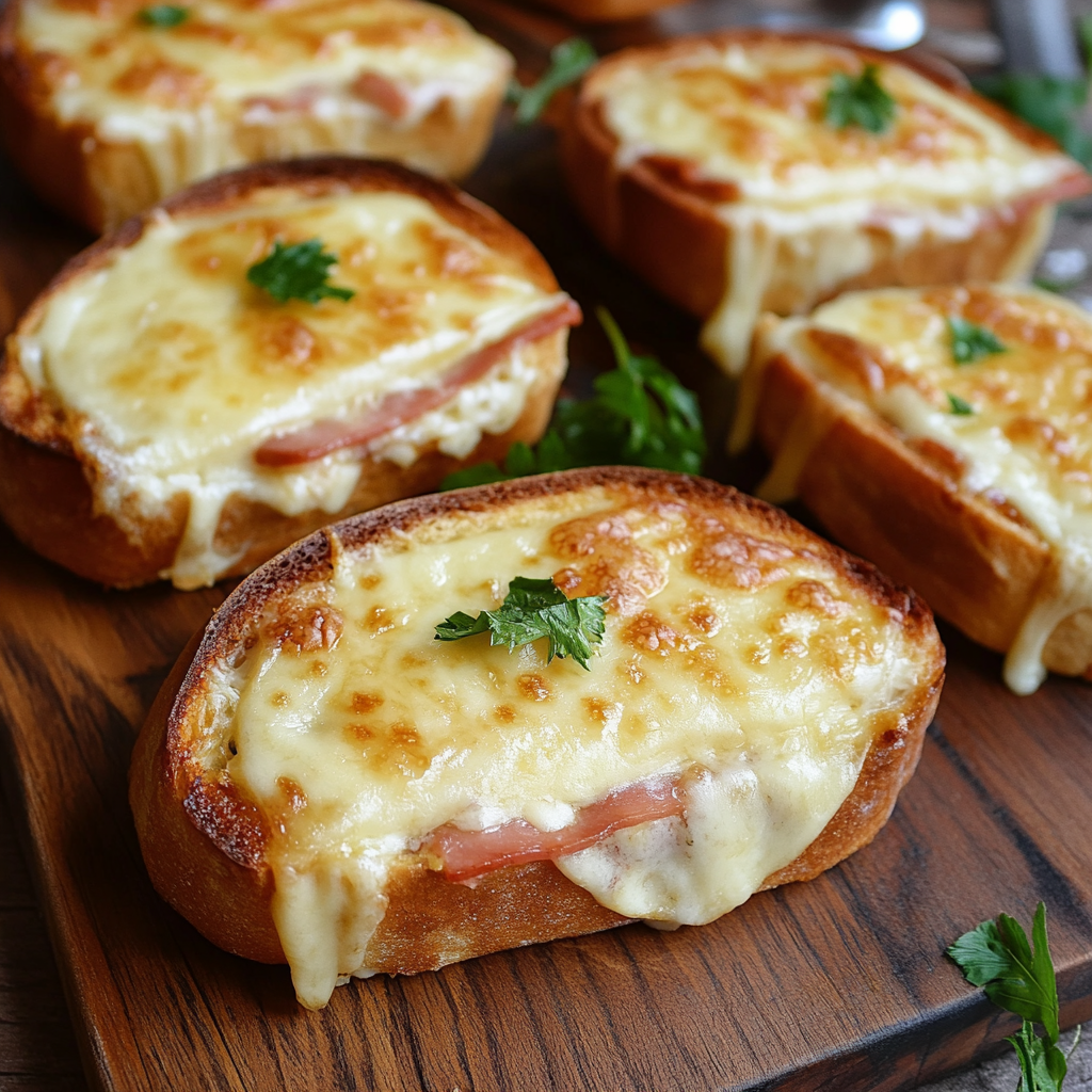 Gratinierter Käse-Toast mit Schinken: Der ultimative hausgemachte Genuss 7 Mehrere überbackene Toastscheiben mit Käse und Schinken, servierfertig