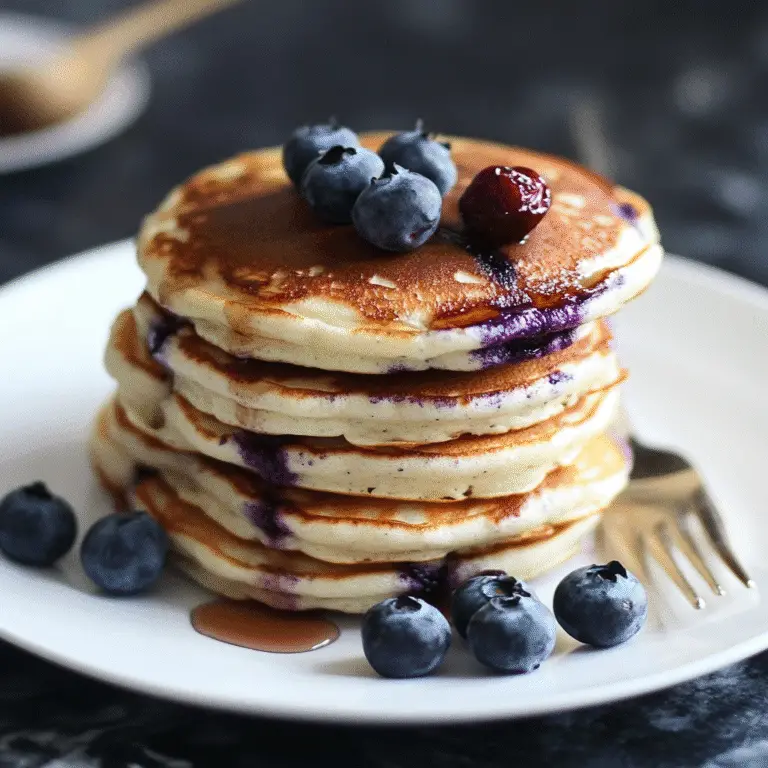 Griechischer Joghurt Heidelbeer Pfannkuchen – Das beste fluffige Rezept für gesundes Frühstück 9 Fluffige griechischer Joghurt Heidelbeer Pfannkuchen gestapelt mit frischen Blaubeeren auf weißem Teller