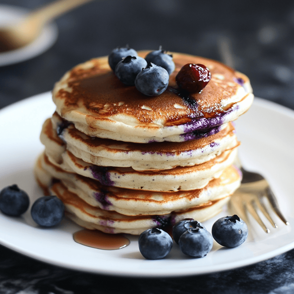 Fluffige griechischer Joghurt Heidelbeer Pfannkuchen gestapelt mit frischen Blaubeeren auf weißem Teller