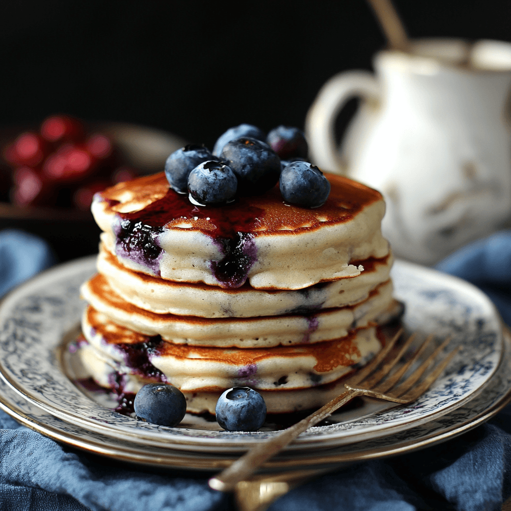 Griechischer Joghurt Heidelbeer Pfannkuchen – Das beste fluffige Rezept für gesundes Frühstück 6 Pancakes mit griechischem Joghurt und Blaubeeren auf vintage Teller mit Gabel