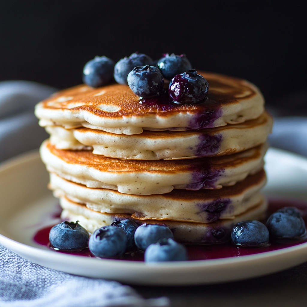 Griechischer Joghurt Heidelbeer Pfannkuchen – Das beste fluffige Rezept für gesundes Frühstück 7 Nahaufnahme von Heidelbeer Pfannkuchen mit Joghurt und frischer Fruchtsauce auf weißem Teller
