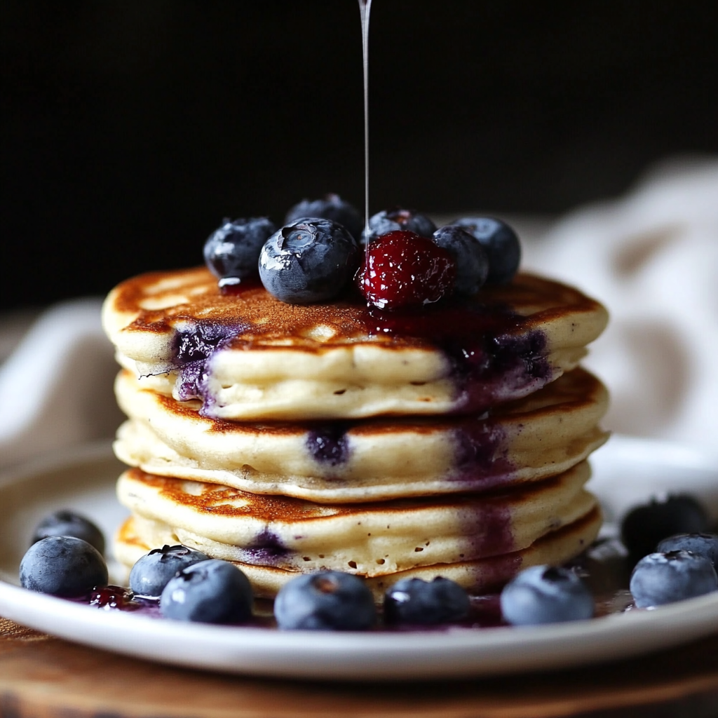Griechischer Joghurt Heidelbeer Pfannkuchen – Das beste fluffige Rezept für gesundes Frühstück 8 Griechischer Joghurt Heidelbeer Pfannkuchen mit frischen Beeren und Sirup, Nahaufnahme