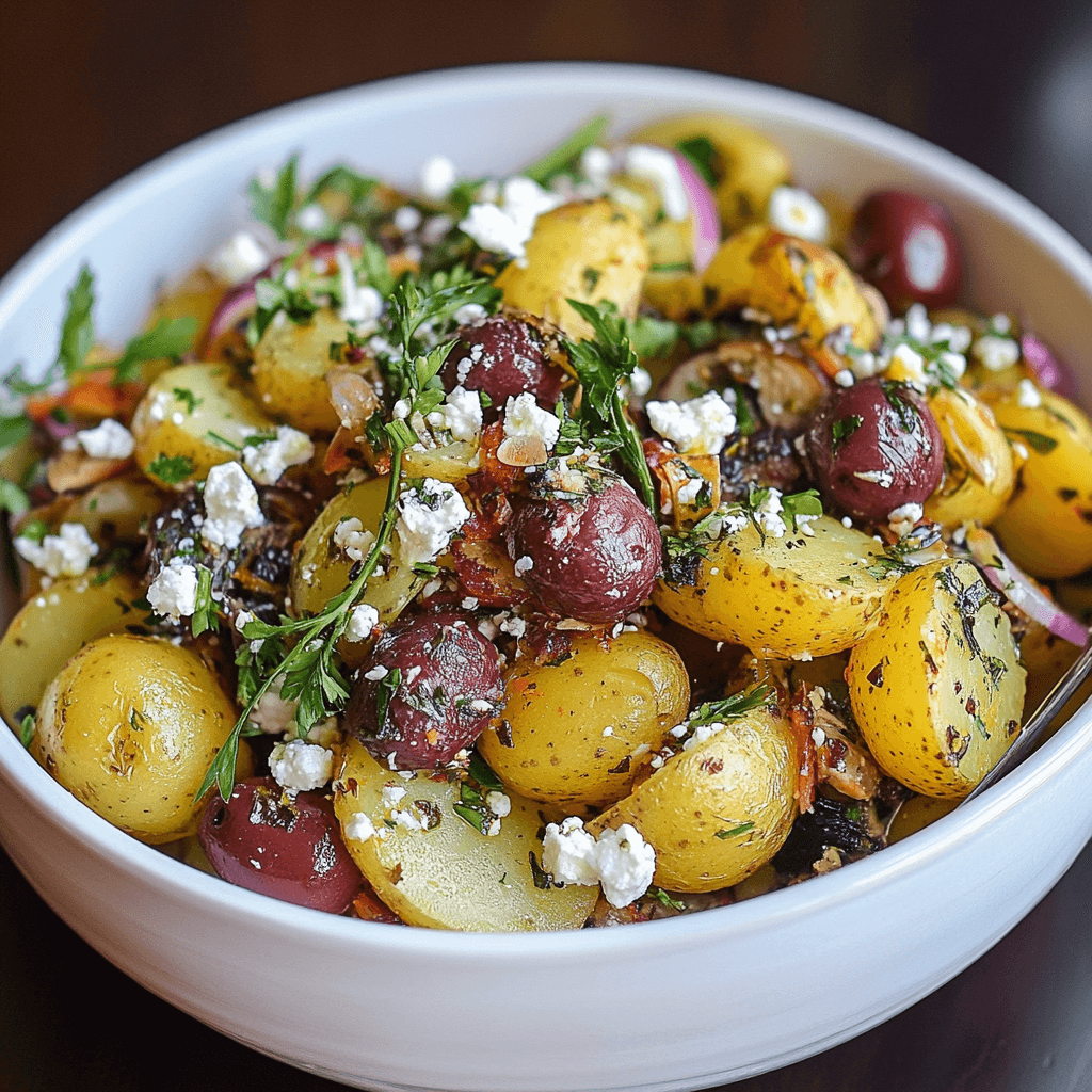 Griechischer Kartoffelsalat mit Oliven, Feta und frischen Kräutern in weißer Schüssel