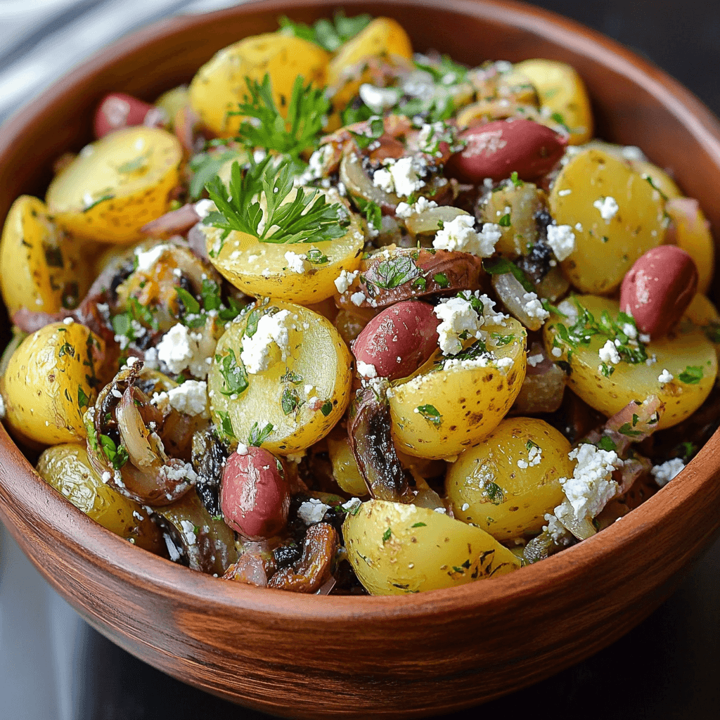 Griechischer Kartoffelsalat – Das beste Rezept & Tipps für den mediterranen Klassiker 6 Mediterraner Kartoffelsalat mit Feta und Oliven in rustikaler Holzschale