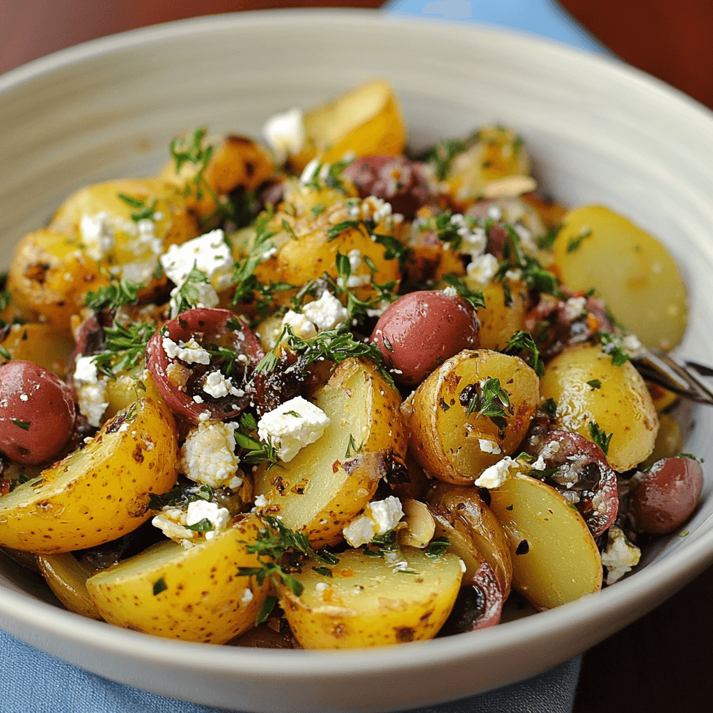 Griechischer Kartoffelsalat – Das beste Rezept & Tipps für den mediterranen Klassiker 8 Kartoffelsalat griechischer Art mit Feta und Kräutern auf blauer Serviette