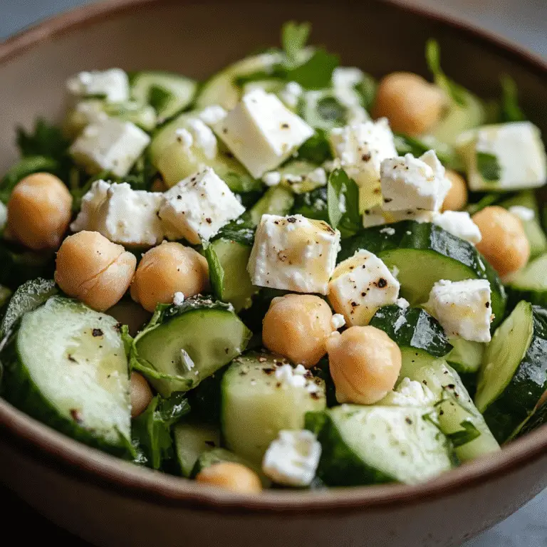 Gurkensalat mit Feta und Kichererbsen – Das Beste Sommerrezept für gesunde Ernährung 9 Frischer Gurkensalat mit cremigem Feta und Kichererbsen in Nahaufnahme