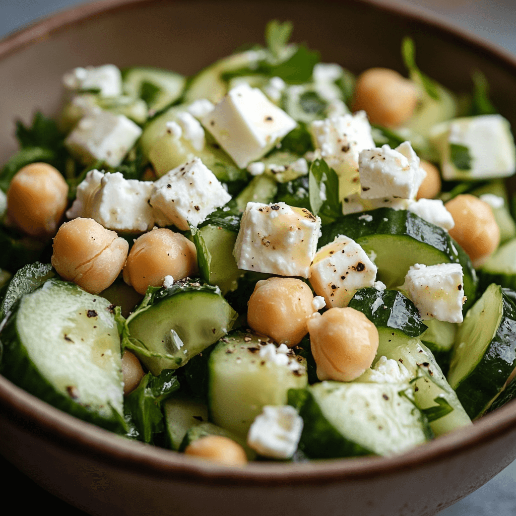 Frischer Gurkensalat mit cremigem Feta und Kichererbsen in Nahaufnahme