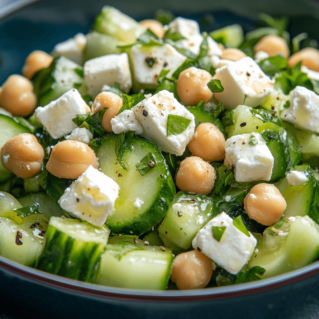 Gurkensalat mit Feta und Kichererbsen – Das Beste Sommerrezept für gesunde Ernährung 6 Knackiger Kichererbsensalat mit Gurken, Feta und Kräutern serviert in einer blauen Schüssel