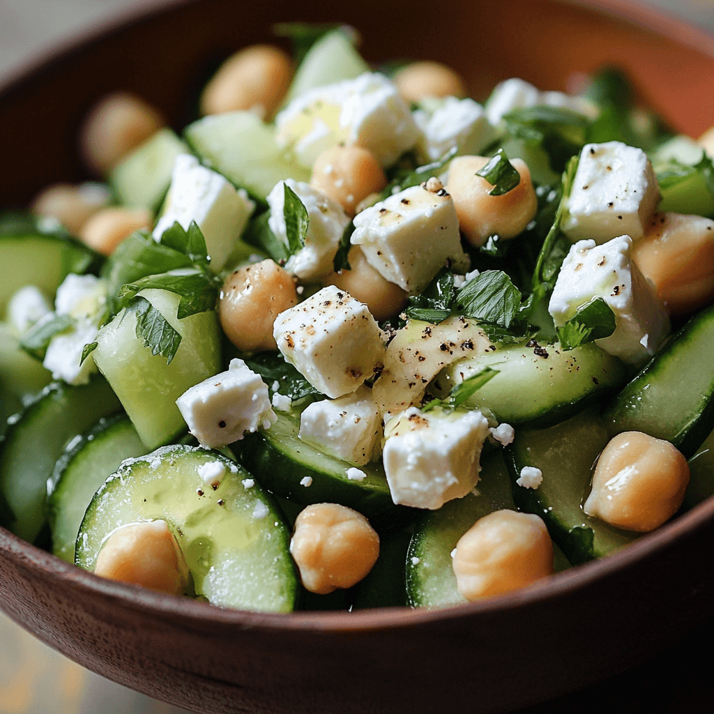 Gurkensalat mit Feta und Kichererbsen – Das Beste Sommerrezept für gesunde Ernährung 8 Leichter Feta-Kichererbsensalat mit Gurken und frischen Kräutern im Holzschüssel-Look