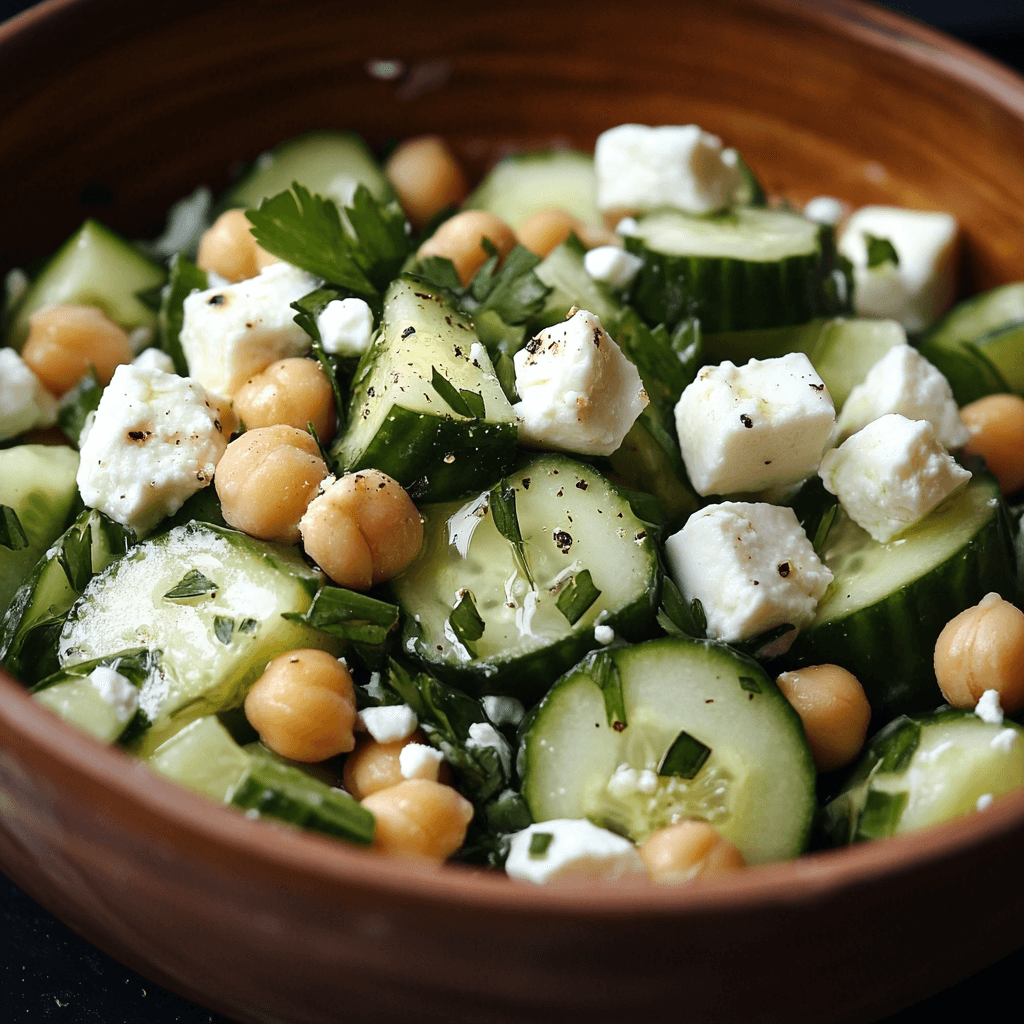 Mediterraner Gurkensalat mit Feta und Kichererbsen im Close-up