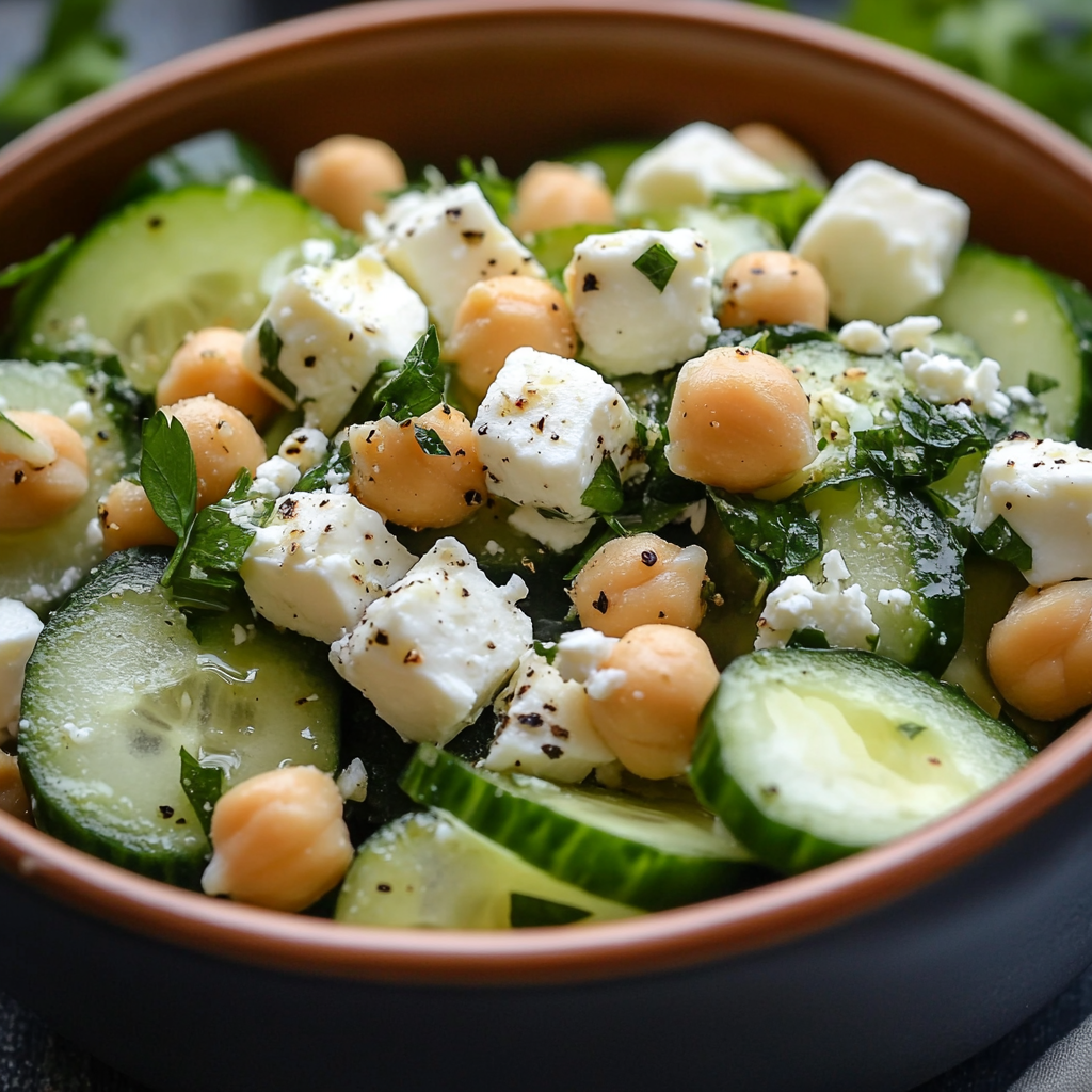Gurkensalat mit Feta und Kichererbsen: Das ultimative Sommerrezept für gesunde Genießer 6 Frischer Gurkensalat mit Feta und Kichererbsen in einer Schüssel serviert