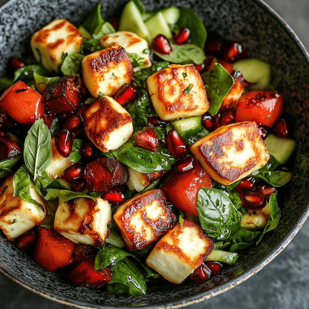 Halloumi Granatapfel Salat mit karamellisierten Süßkartoffeln und Babyspinat