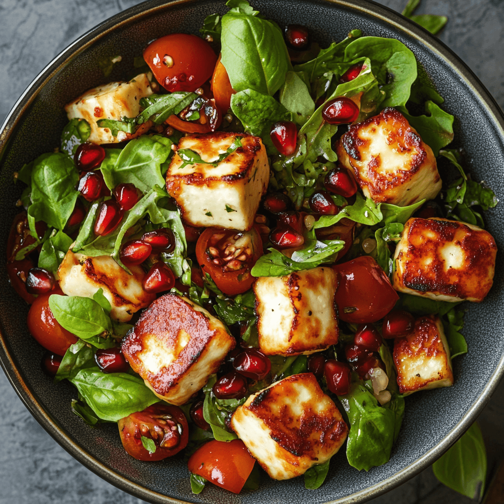 Halloumi Granatapfel Salat – Das Beste Rezept mit Geschmacksexplosion 6 Frischer Halloumi Granatapfel Salat mit Rucola und Cherrytomaten