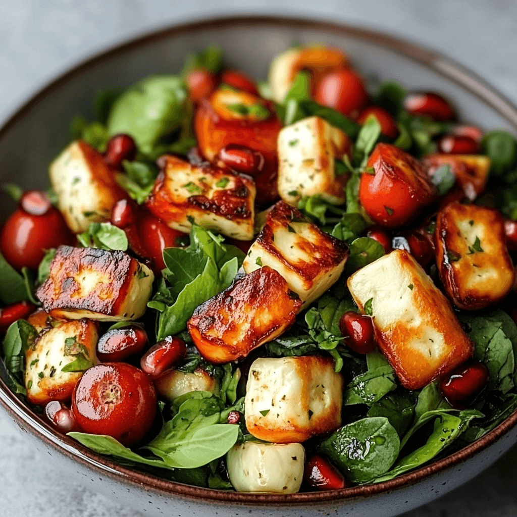 Halloumi Granatapfel Salat – Das Beste Rezept mit Geschmacksexplosion 7 Grüner Halloumi Salat mit Granatapfel, Tomaten und Babyspinat