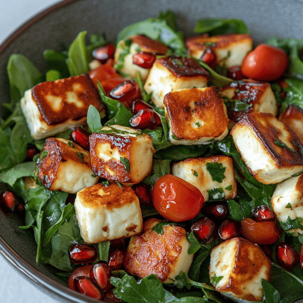 Halloumi Granatapfel Salat – Das Beste Rezept mit Geschmacksexplosion 8 Gebratener Halloumi Salat mit Granatapfel und Rucola auf dunklem Teller