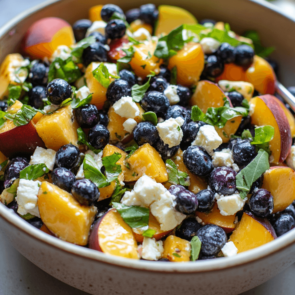 Heidelbeer Pfirsich Feta Salat mit Basilikum in Keramikschüssel serviert