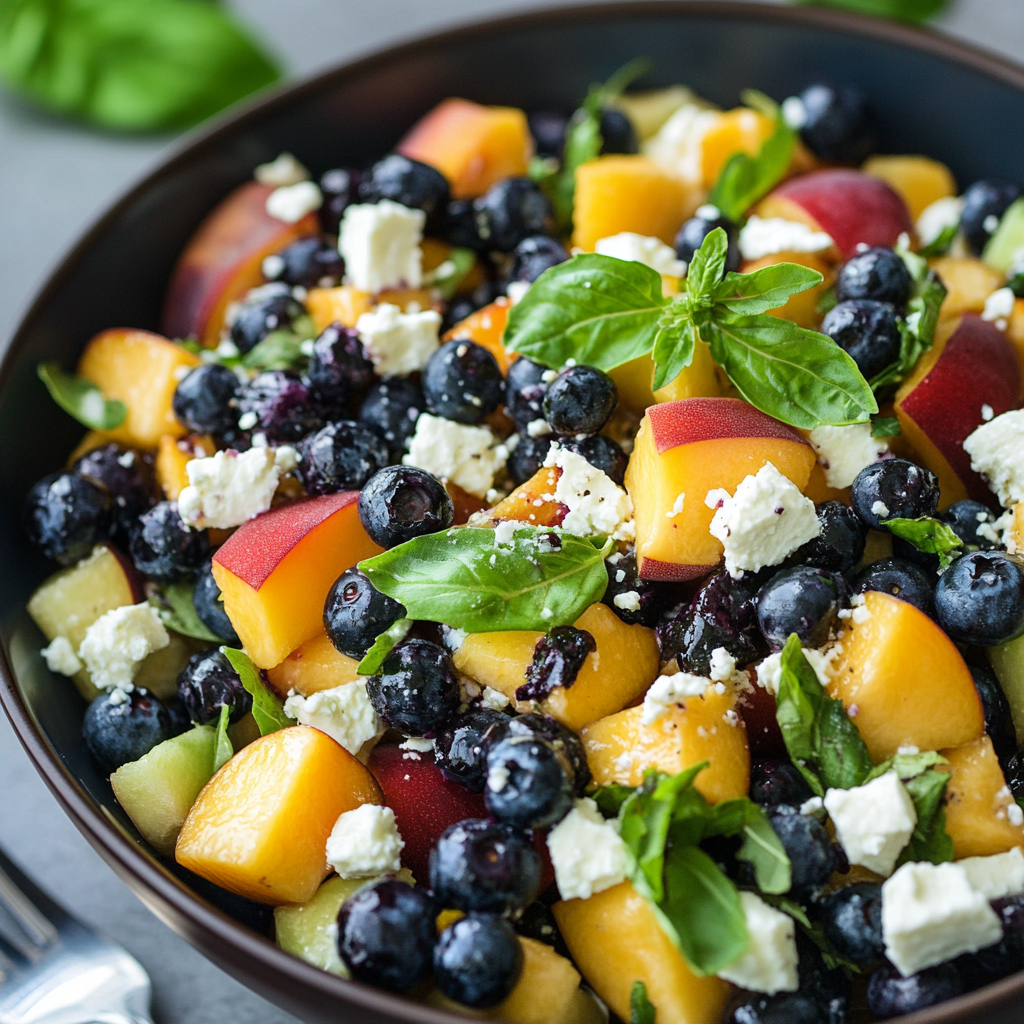 Heidelbeer Pfirsich Feta Salat – So gelingt der perfekte Sommersalat 6 Blaubeer Pfirsich Salat mit Feta und Basilikum auf dunklem Teller