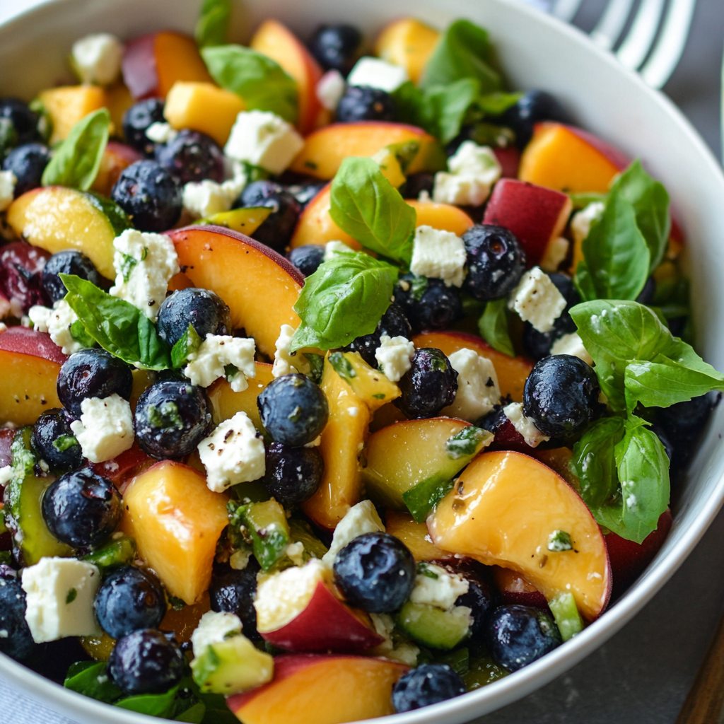 Heidelbeer Pfirsich Feta Salat – So gelingt der perfekte Sommersalat 7 Heidelbeer Pfirsich Feta Salat mit frischem Basilikum angerichtet