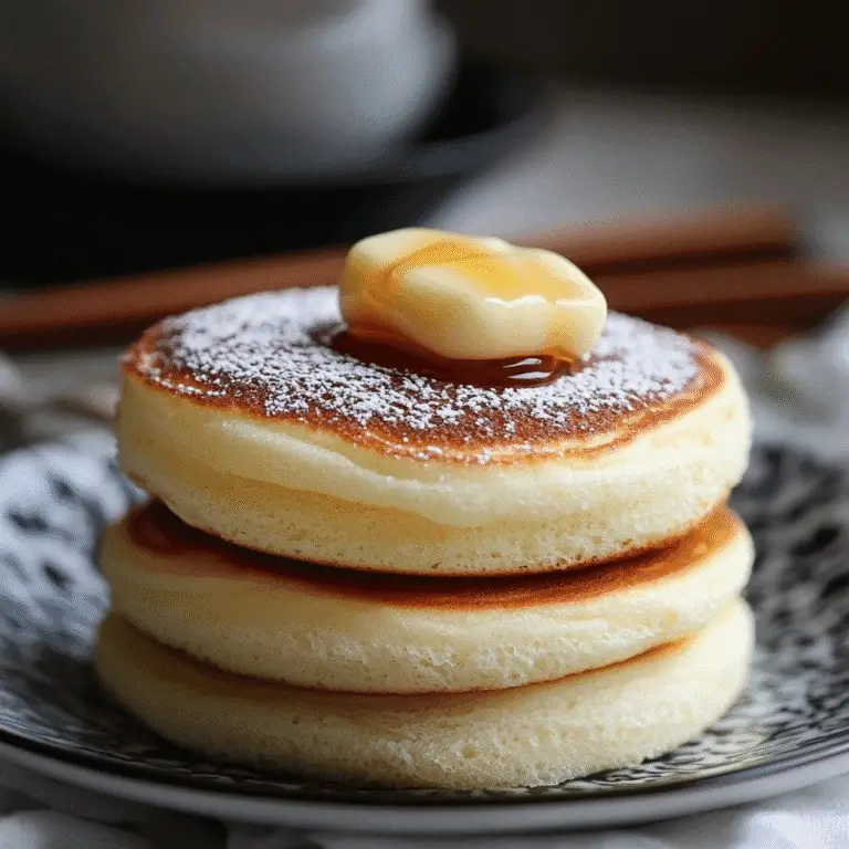 Japanische fluffige Soufflé-Pfannkuchen – Das ultimative Rezept & fluffige Tipps 9 Japanische fluffige Soufflé-Pfannkuchen mit Butter und Ahornsirup auf schwarzem Teller