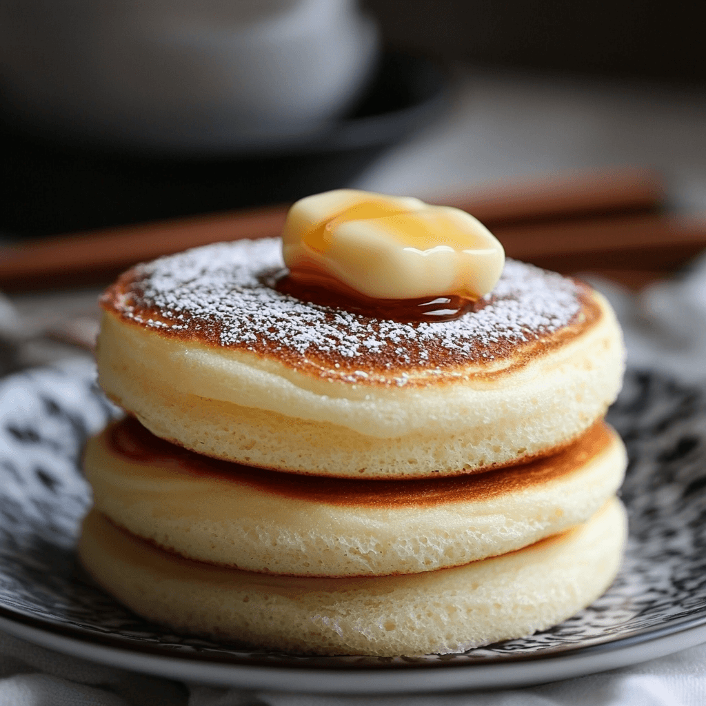 Japanische fluffige Soufflé-Pfannkuchen mit Butter und Ahornsirup auf schwarzem Teller