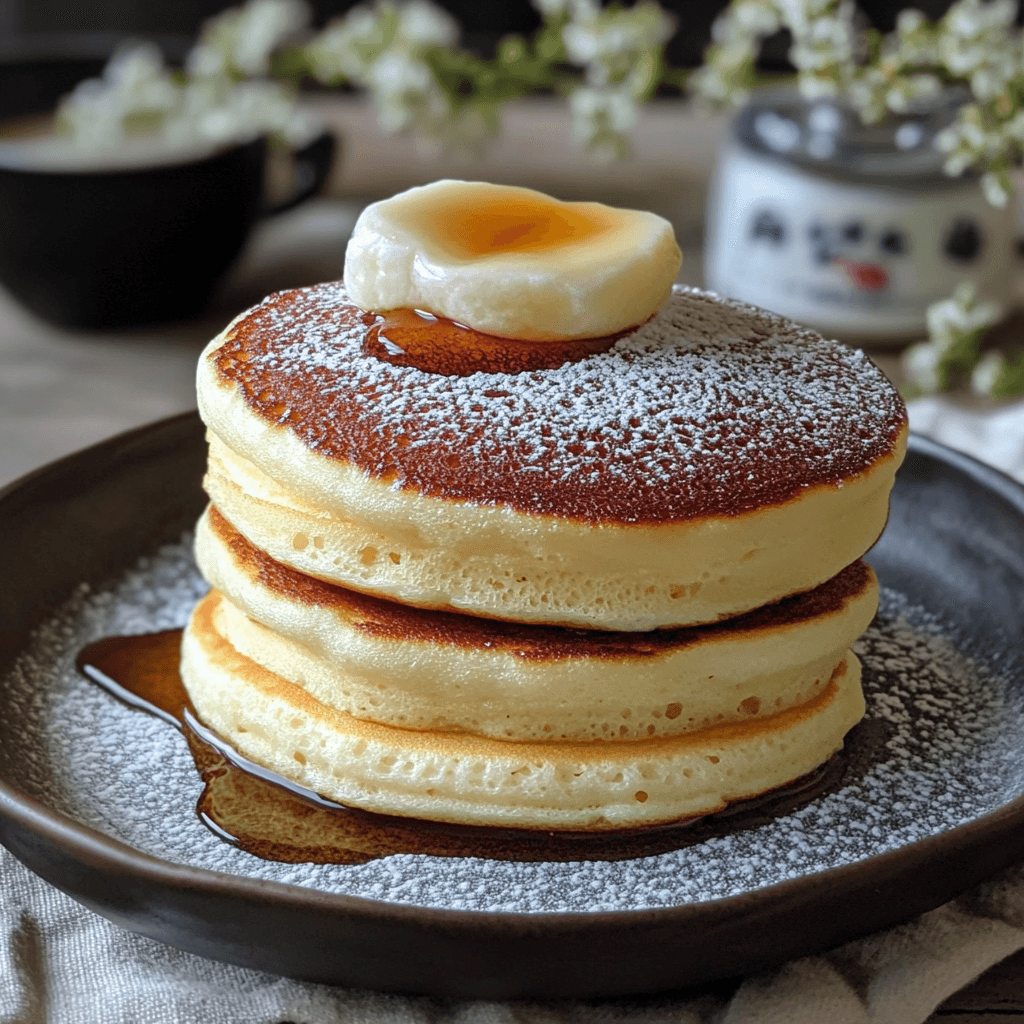 Japanische fluffige Soufflé-Pfannkuchen – Das ultimative Rezept & fluffige Tipps 8 Gestapelte japanische Soufflé-Pfannkuchen mit Sirup und Zucker