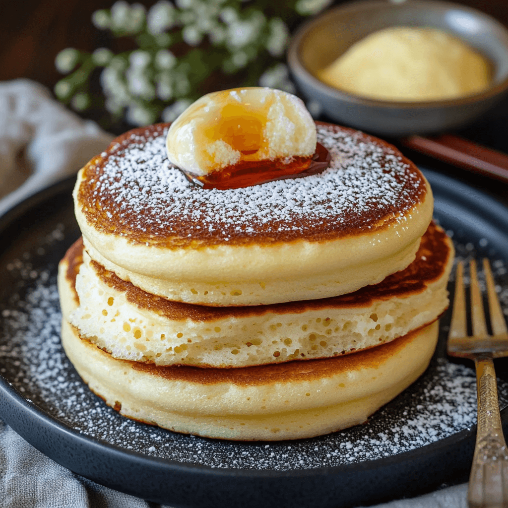 Japanische fluffige Soufflé-Pfannkuchen – Das ultimative Rezept & fluffige Tipps 6 Luftige japanische Soufflé-Pancakes mit geschmolzener Butter und Puderzucker