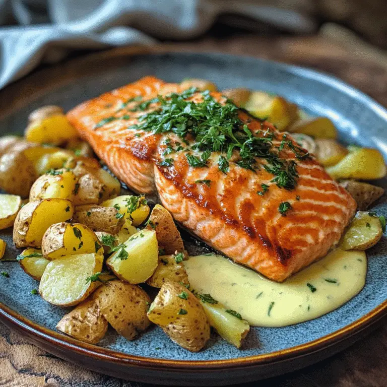 Lachs mit Röstkartoffeln – Das perfekte Duo für Genießer 9 Lachs mit Röstkartoffeln und frischen Kräutern auf einem blauen Keramikteller