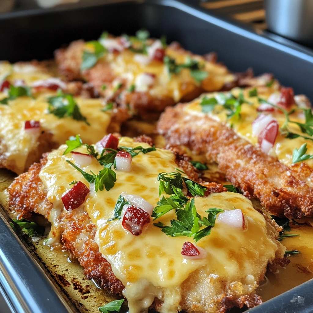 Schnitzel vom Blech mit geschmolzenem Käse, Petersilie und Speckstückchen