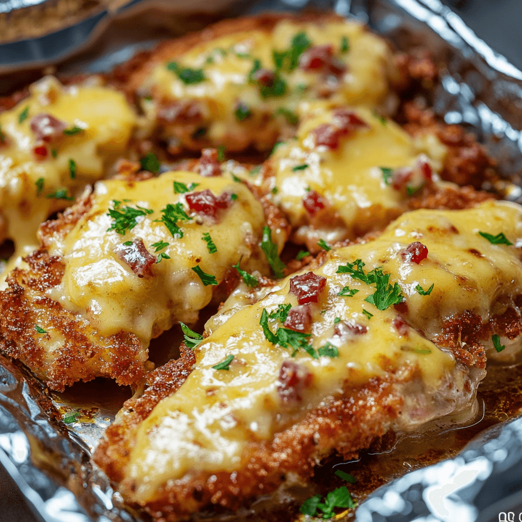 Überbackene Partyschnitzel mit Käse und Speckwürfeln frisch aus dem Ofen