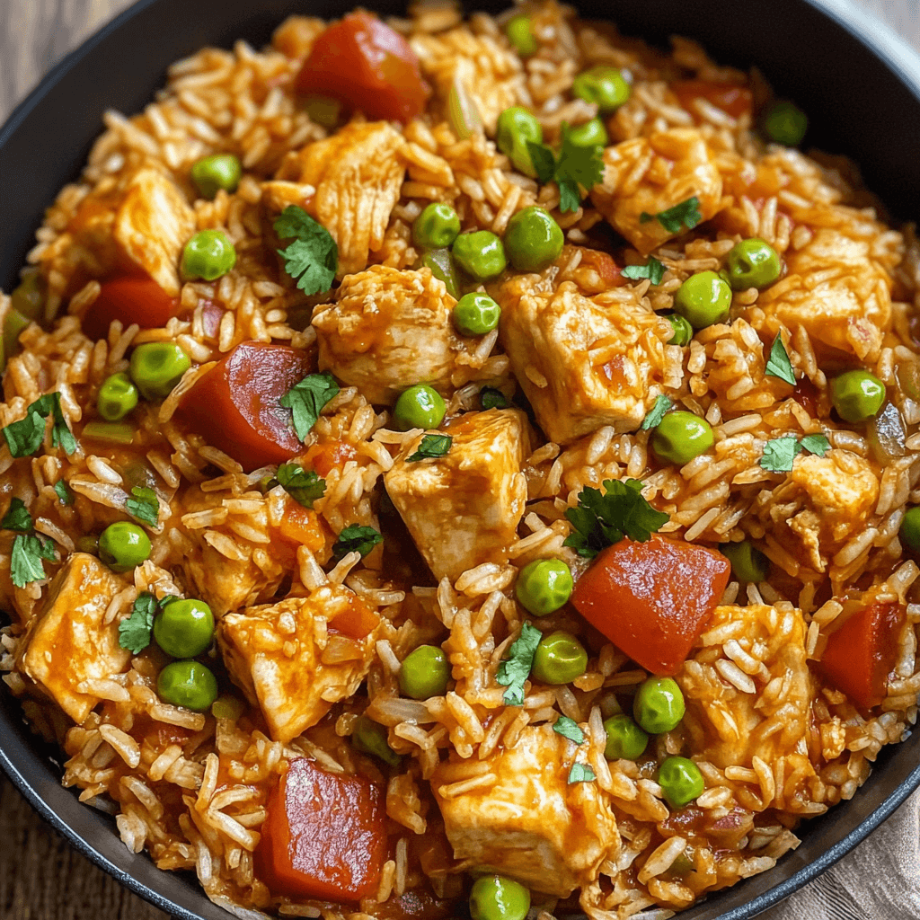 Hähnchen Reispfanne mit grünen Erbsen und Paprika in Tomatensoße