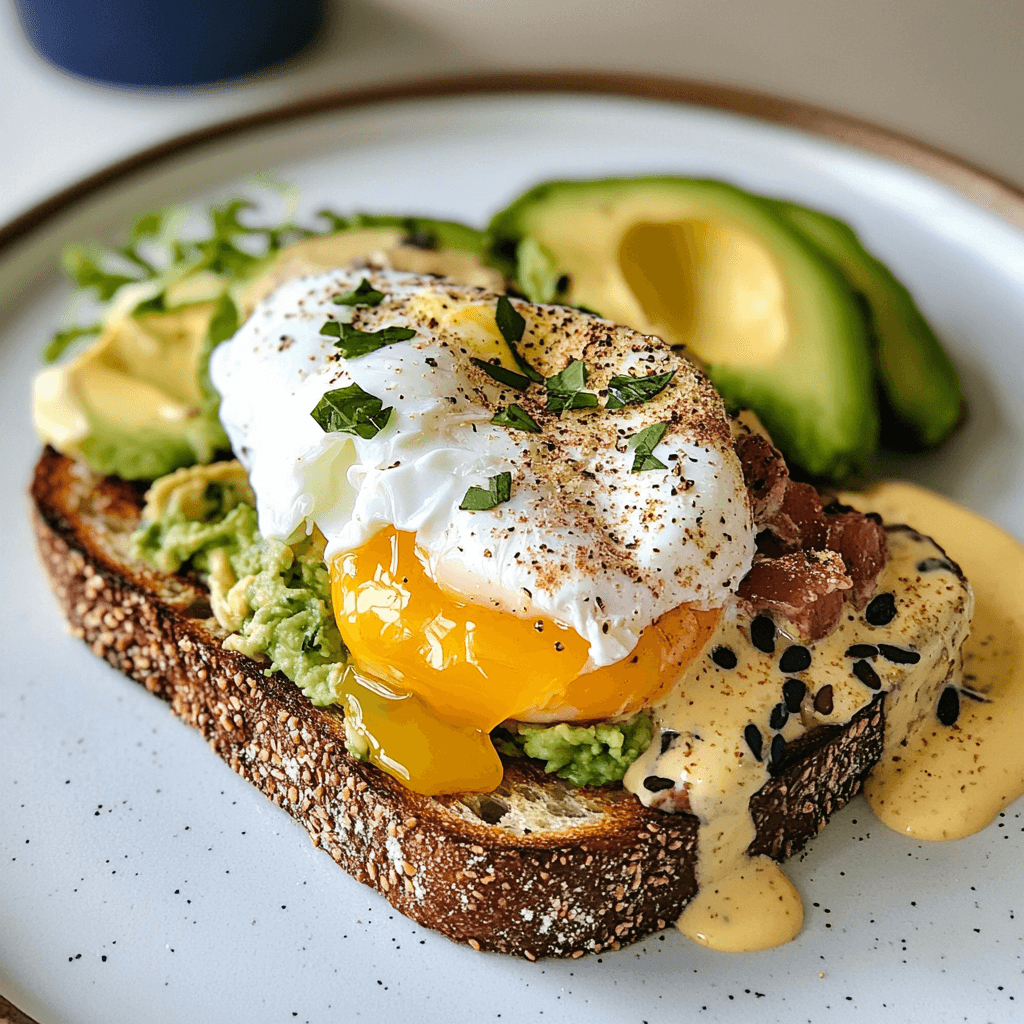 Gourmet Toast mit pochiertem Ei und Avocado mit Sauce Hollandaise