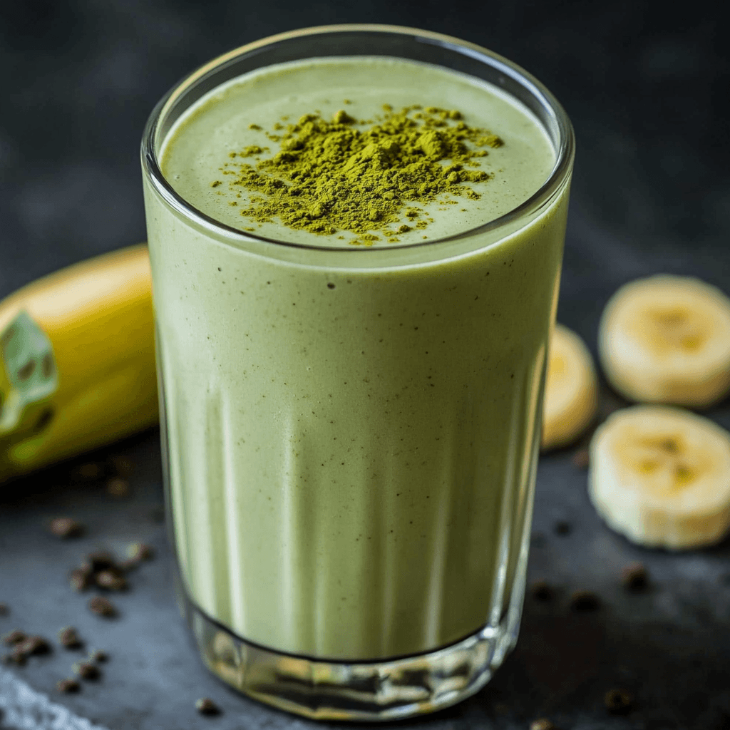 Grüner Smoothie mit Banane und Matcha-Pulver in Glas vor dunklem Hintergrund