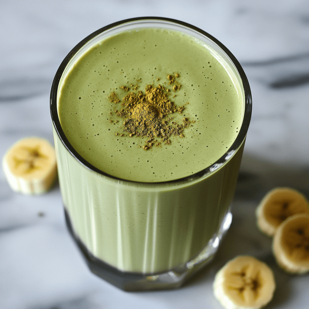 Matcha Smoothie mit Banane und Topping aus Matcha-Pulver auf Marmoroberfläche