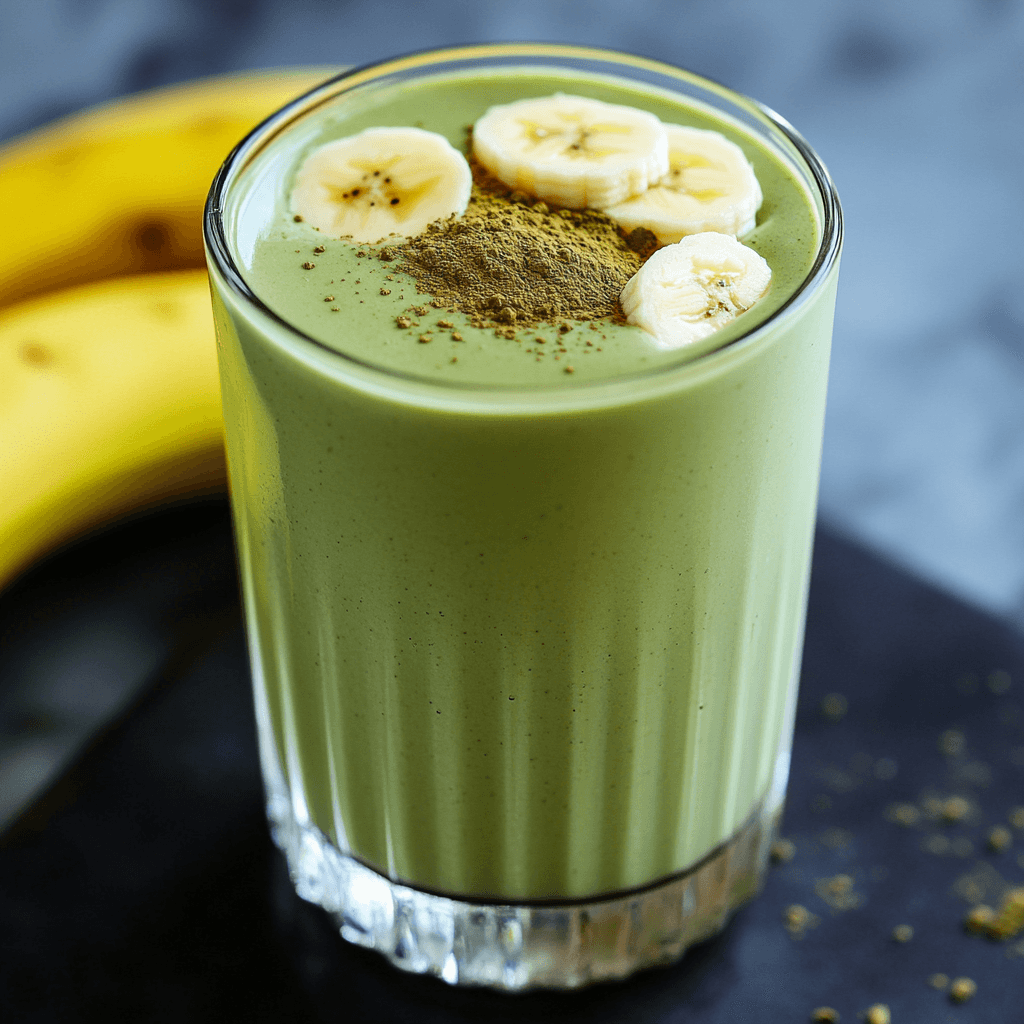 Grüner Matcha Smoothie mit Bananenscheiben und Matcha-Pulver garniert