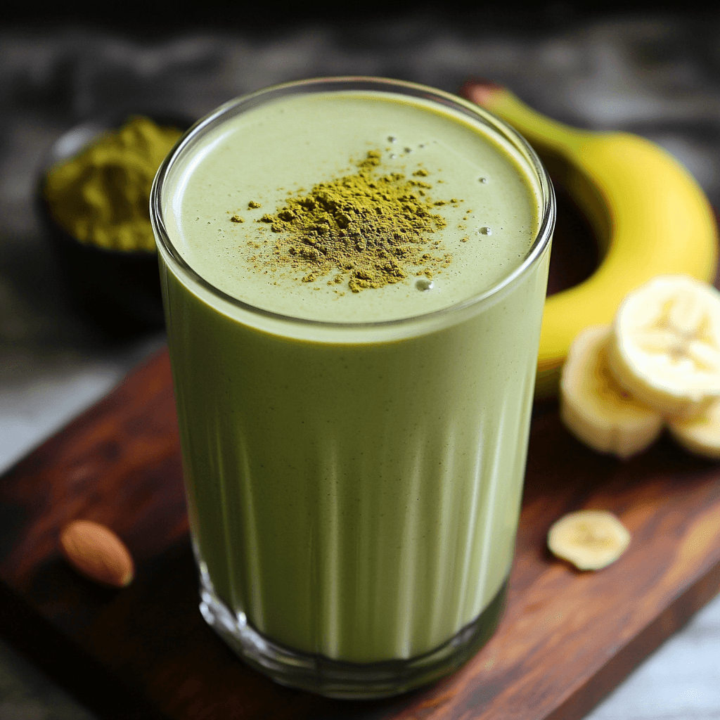Grüner Matcha Smoothie mit Banane in einem Glas auf Holzbrett serviert