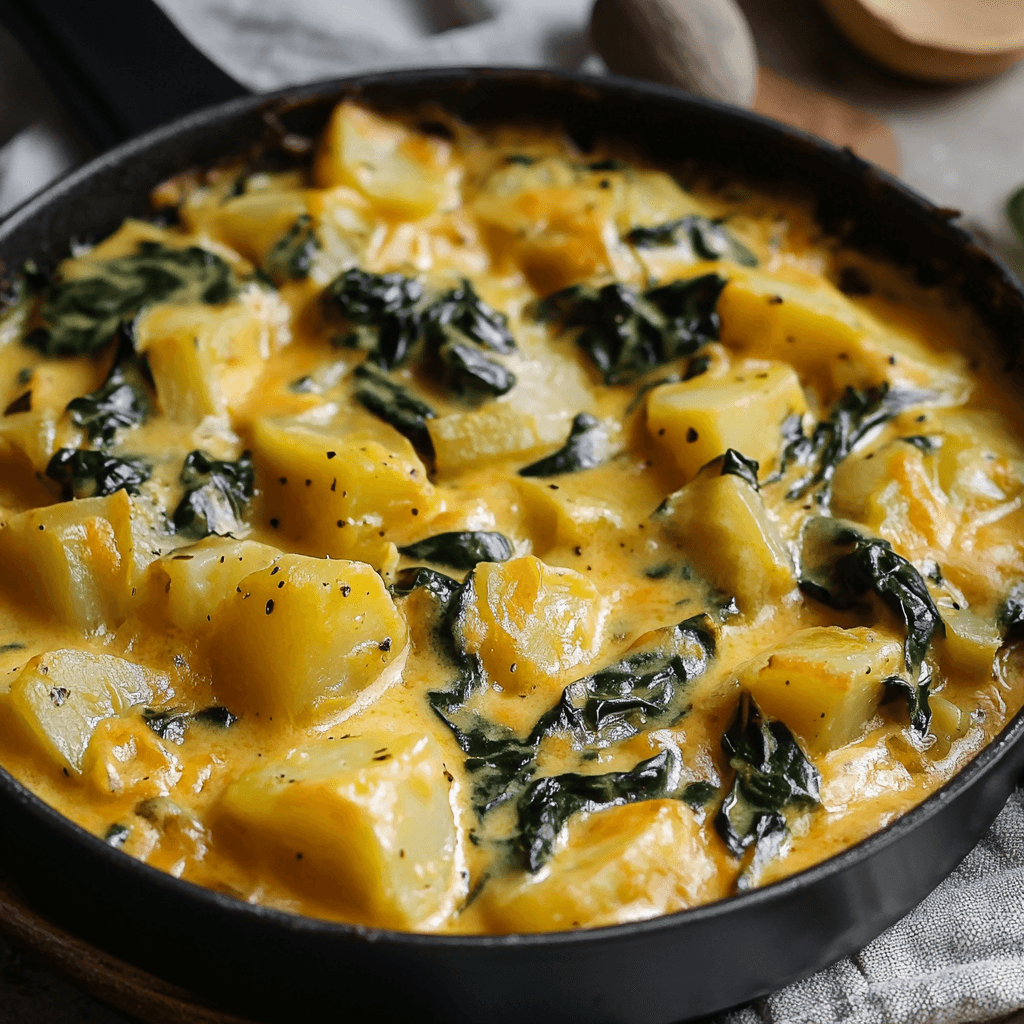 Vegetarisches Gericht mit Kartoffeln, Spinat und Frischkäse, serviert in der Pfanne