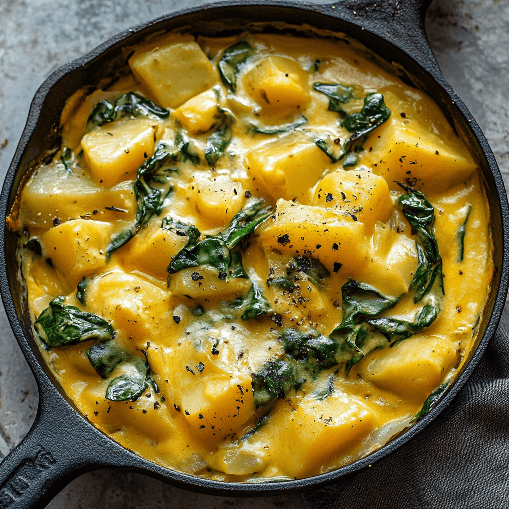 Kartoffel-Spinat-Pfanne mit cremiger Soße aus Frischkäse in gusseiserner Pfanne serviert