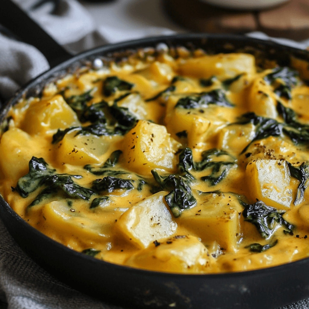 Gedünstete Kartoffelwürfel mit frischem Spinat und geschmolzenem Frischkäse in cremiger Sauce