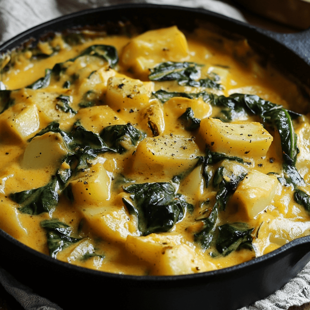 Kartoffelpfanne mit Spinat und cremiger Frischkäsesoße in schwarzer Pfanne