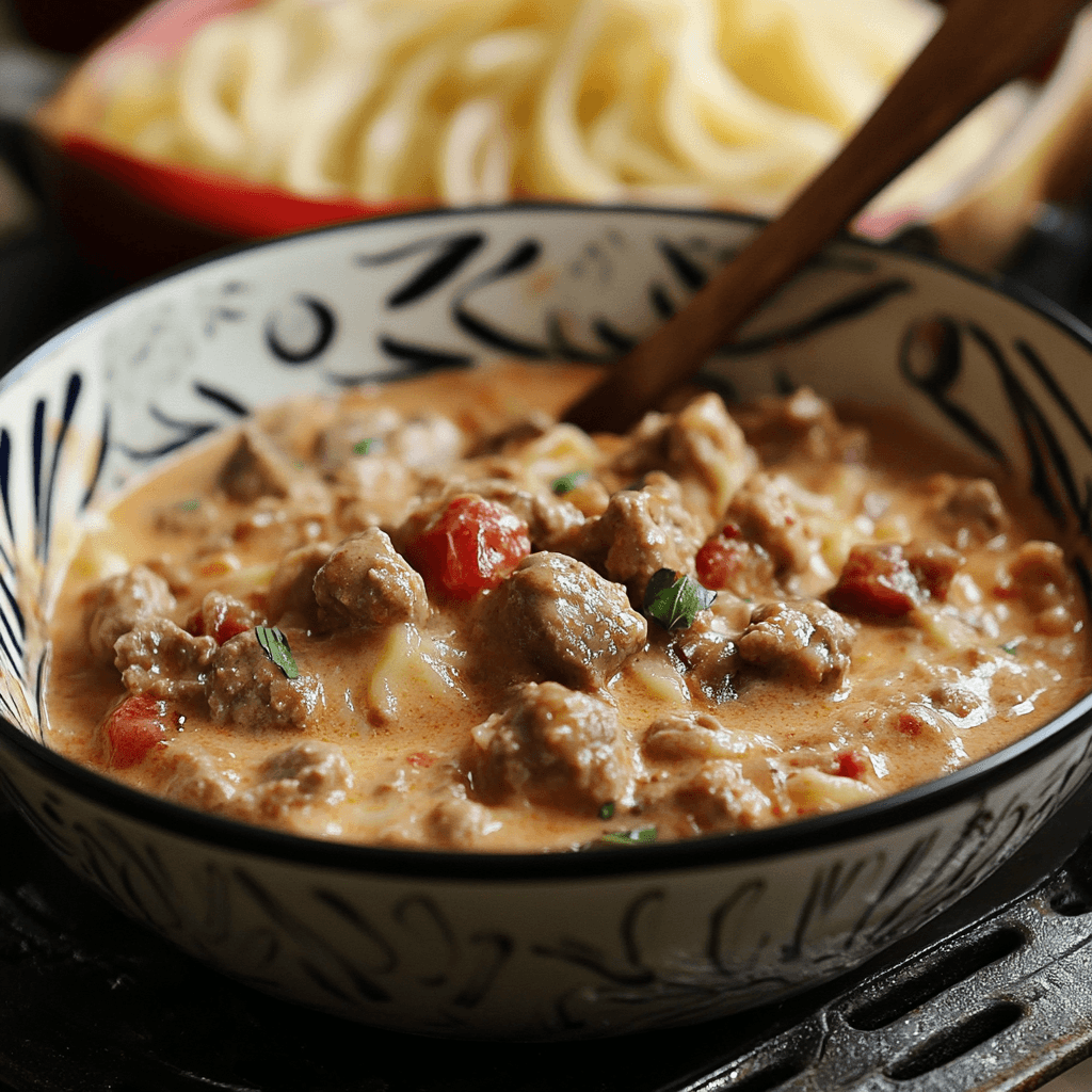 Cremige Südtiroler Hirtennudeln mit Speck und Paprika in traditioneller Schüssel serviert